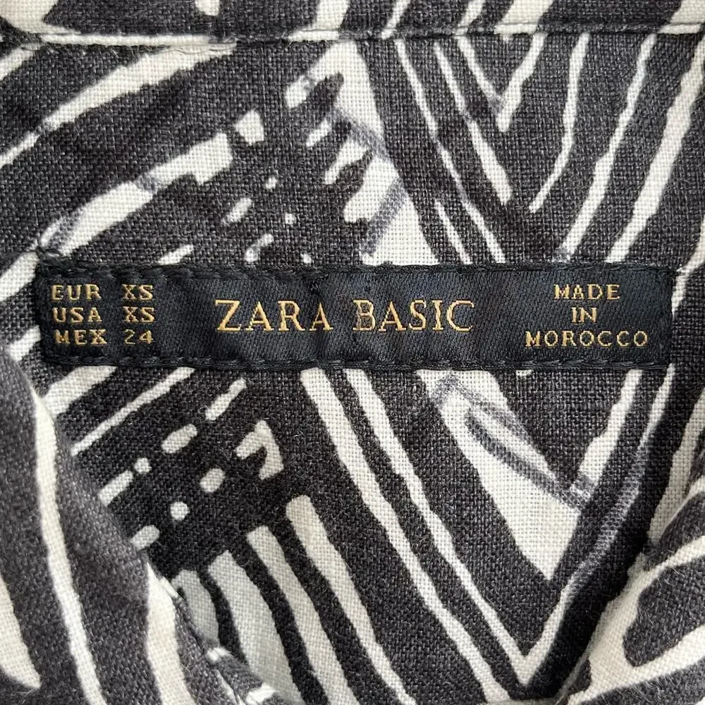 Zara 100% Linen Zebra Print Mini Shirt Dress Short Sleeves Black‎ White, Size XS